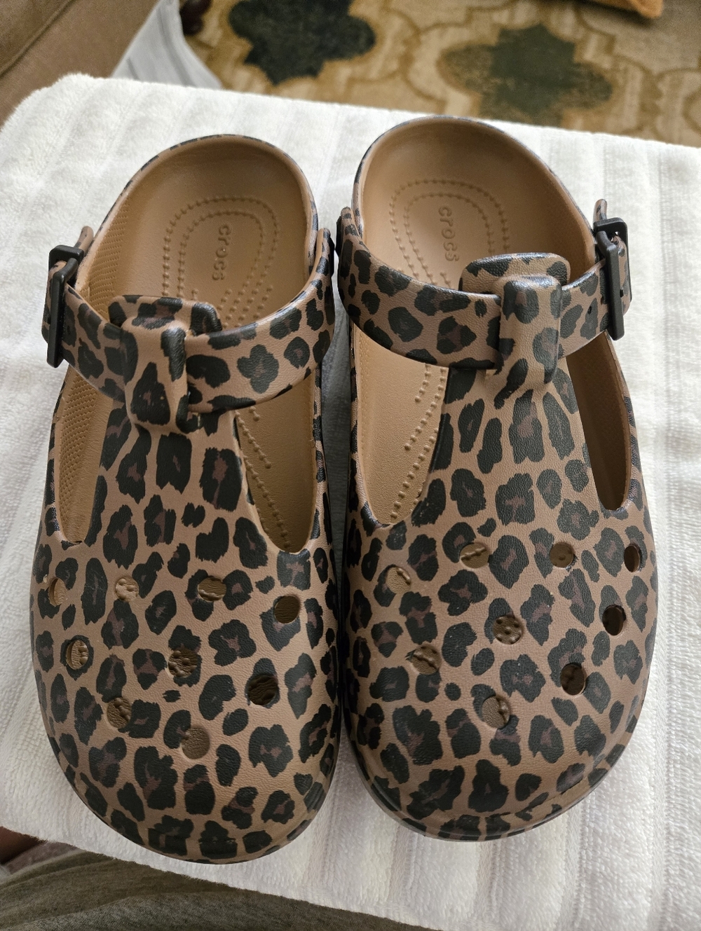 Womens CROCS  Leopard Print Mary Jane Sandals in Brown and Black